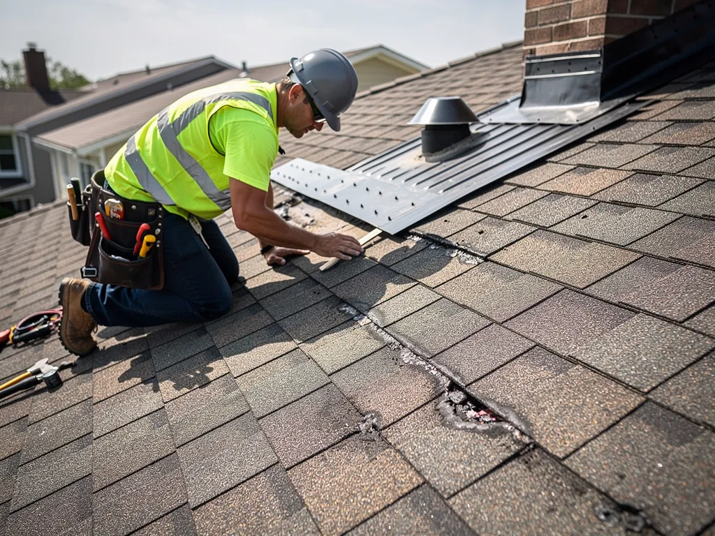 Roofer in safety gear inspecting residential roof for leaks