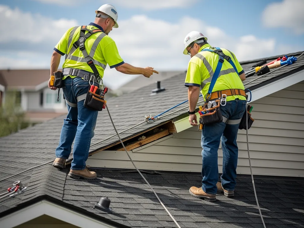 Roofing crew in safety gear assessing a sagging residential roof structure