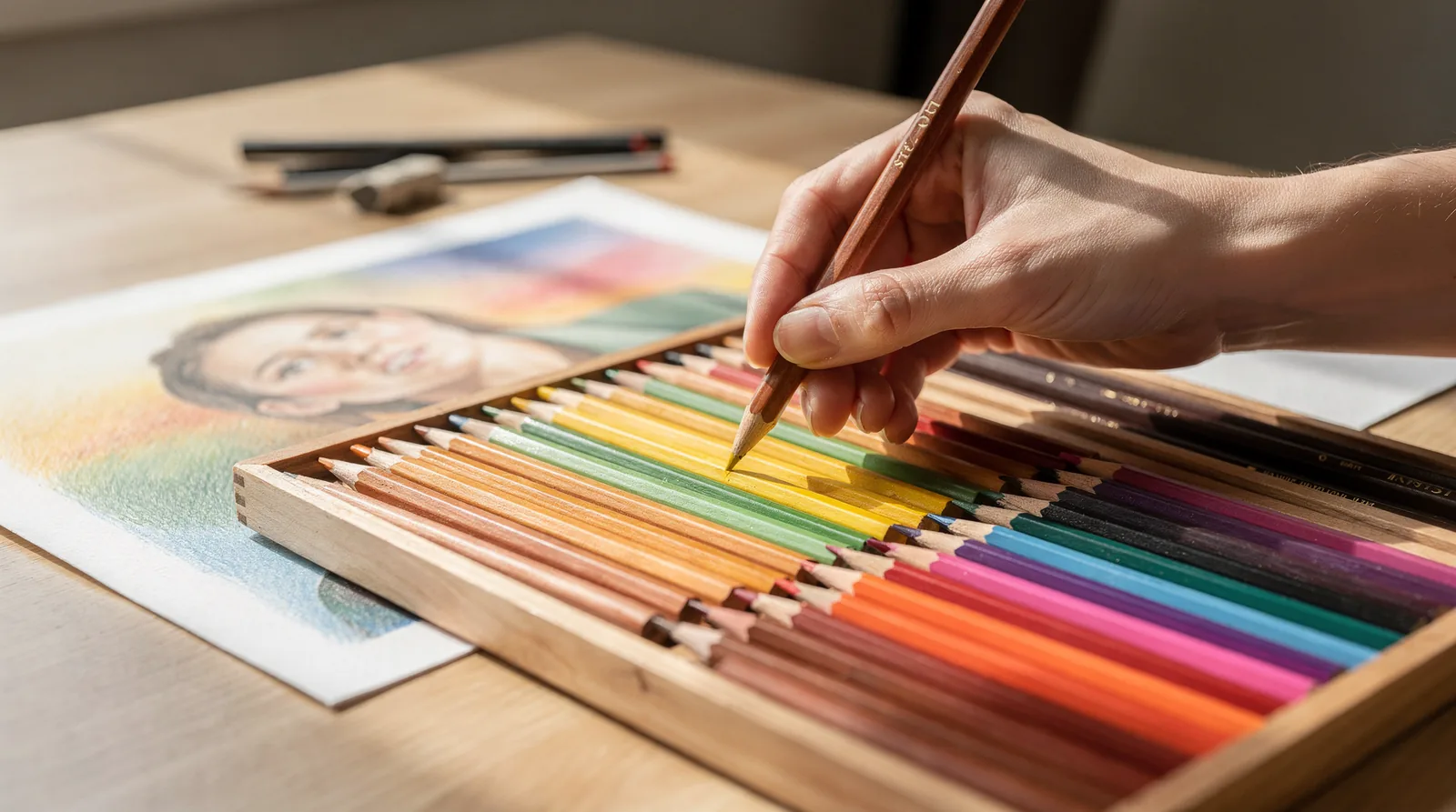 The 12-piece colored twig pencil set includes a handcrafted paper holder that keeps the pencils