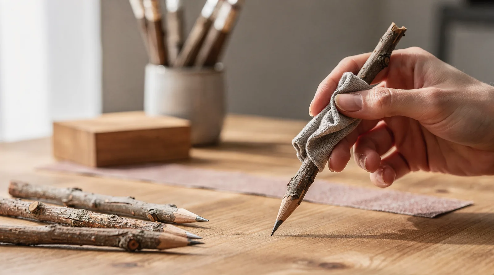 A quality sharpener removes wood cleanly without snapping the core. Twig Pencils offers handmade apple