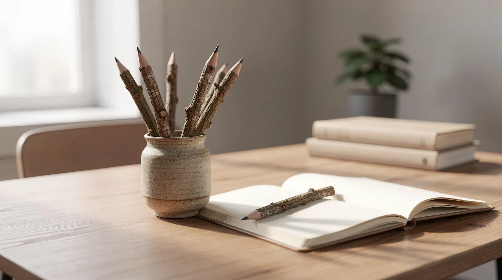 Twig pencils transform a workspace by replacing mass-produced plastic tools with natural, one-of-a-kind writing instruments