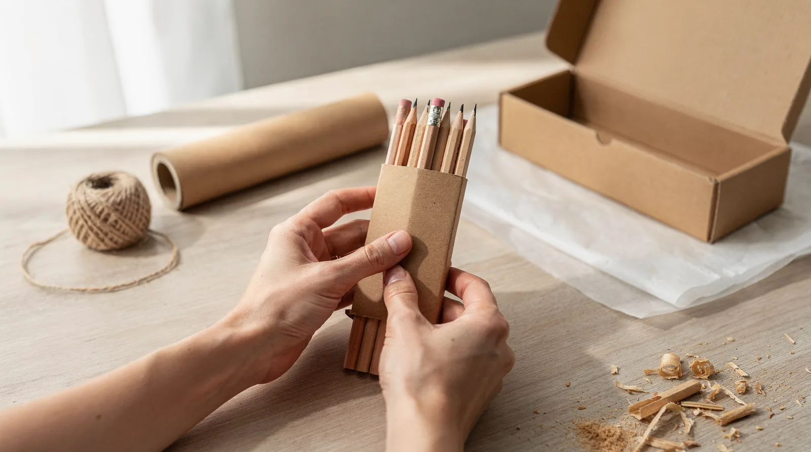 Zero waste packaging for handmade pencils eliminates synthetic materials and single-use plastics entirely. Each twig