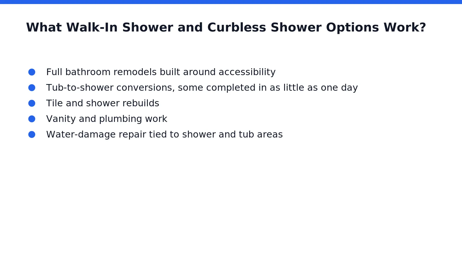 Two approaches dominate accessible bathroom design: a low-threshold walk-in shower with a small curb