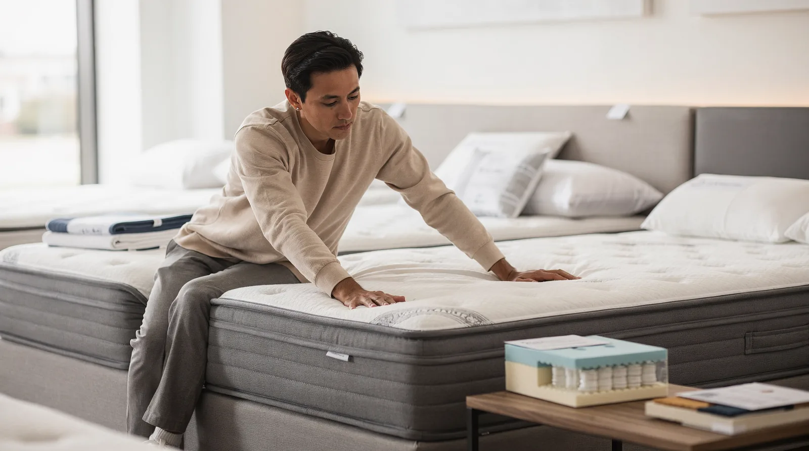 Matching a sleeper to the correct mattress types starts with testing firmness in person rather