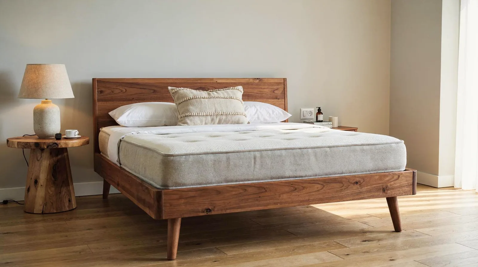 Correct sizing starts with the mattress line, not the floor plan. A bedside table surface should