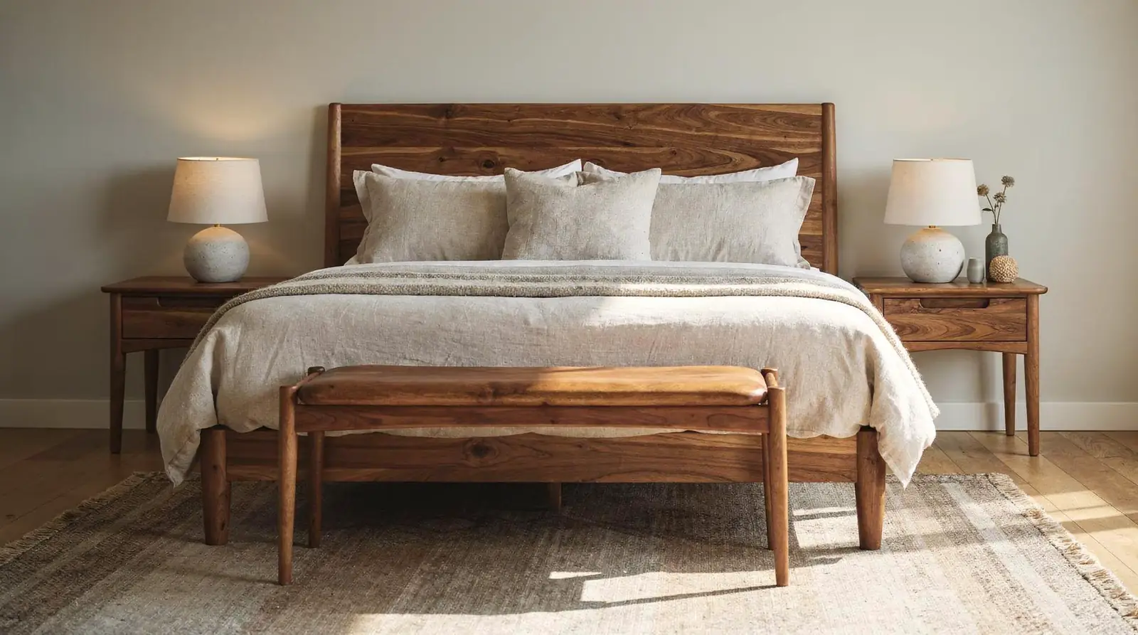 A full coastal bedroom comes together through layering, not a single statement piece. Bed heads