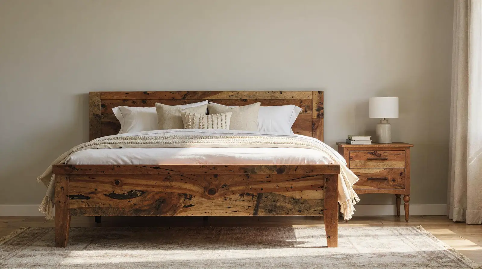 Salvaged timber brings authentic age, texture, and history into a bedroom that new-cut wood cannot