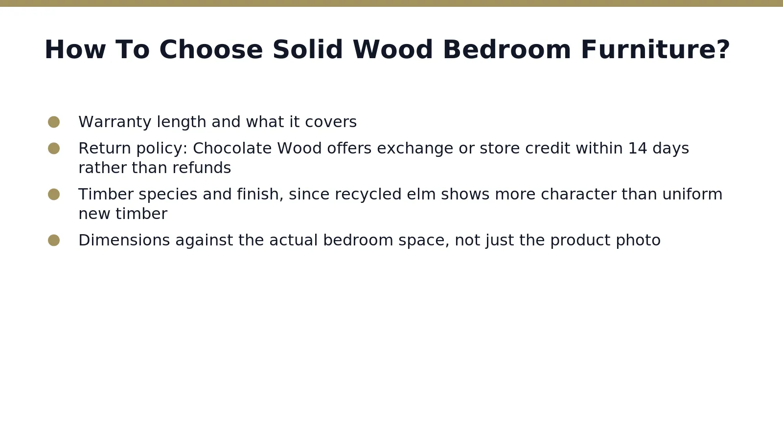 Durability tops the checklist for solid wood bedroom furniture. Timber quality, joinery, and finish all