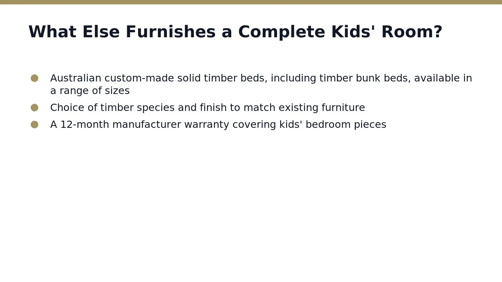 A complete children's bedroom pairs a bunk or loft bed with sturdy dressers, chests