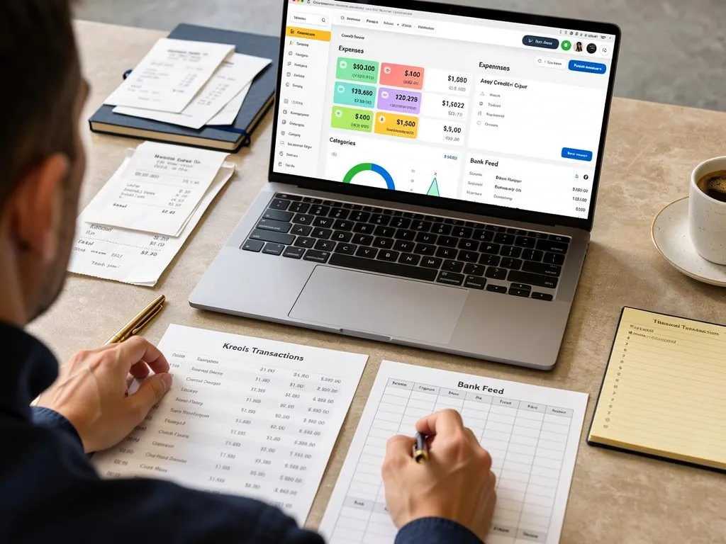 Business owner sorting bank, credit card, and cash transactions by category
