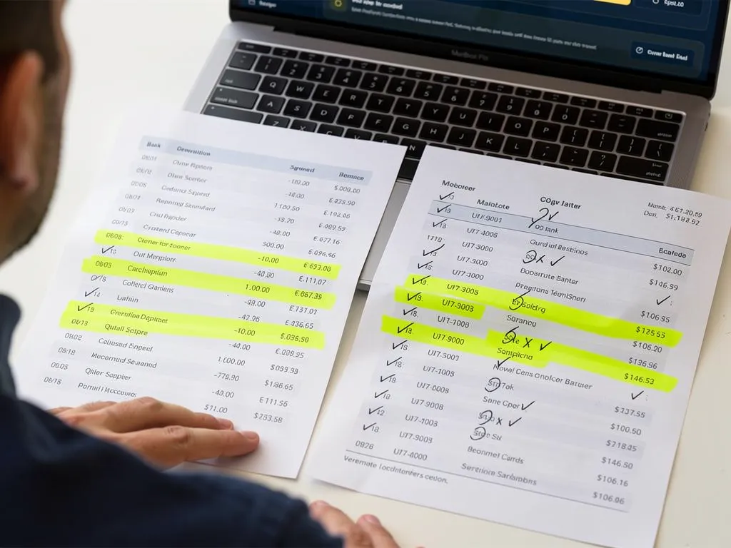 Bank statement being compared line by line against bookkeeping records