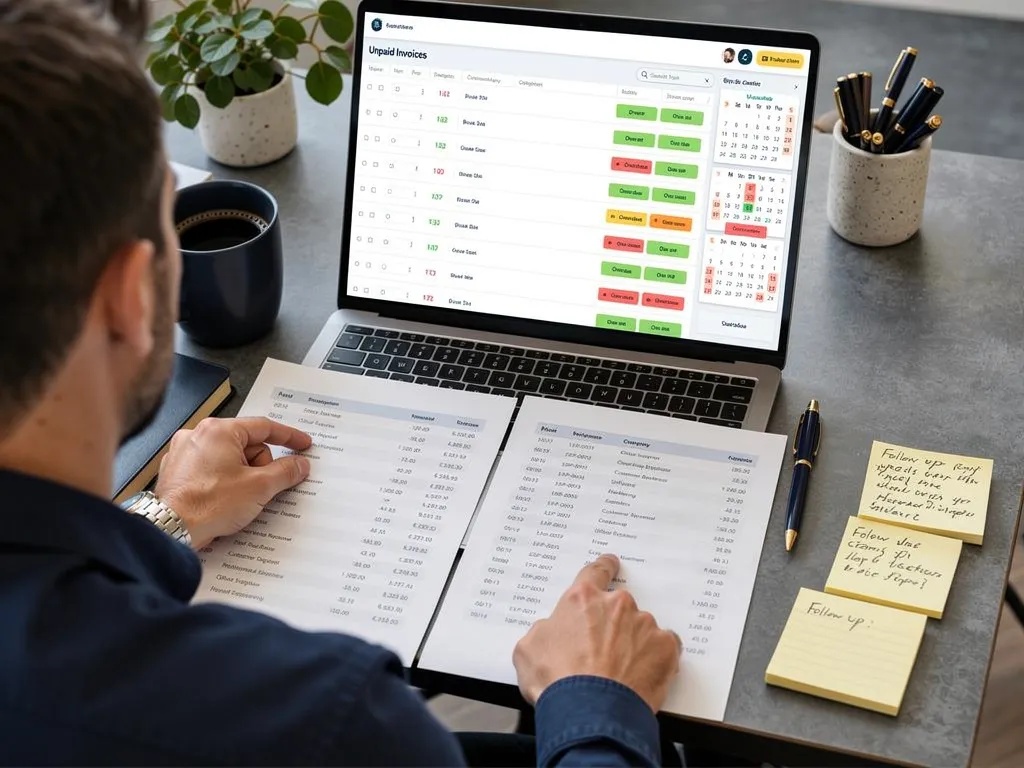 List of overdue customer invoices being reviewed for follow-up