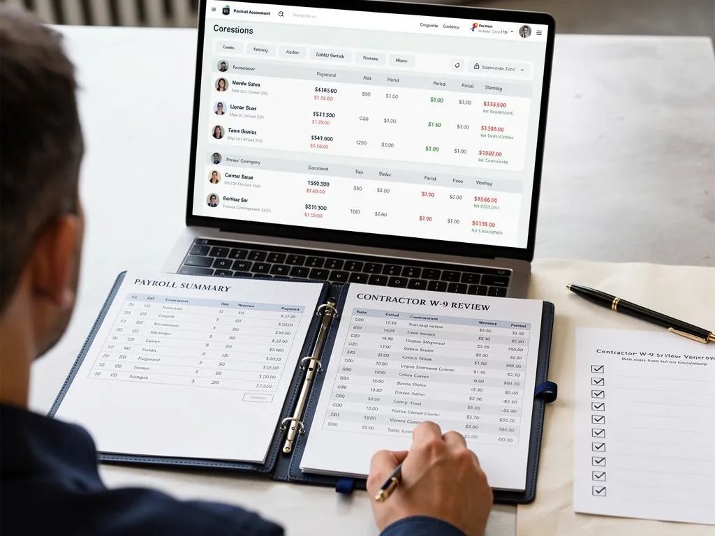 Payroll records and contractor forms being prepared for tax filing