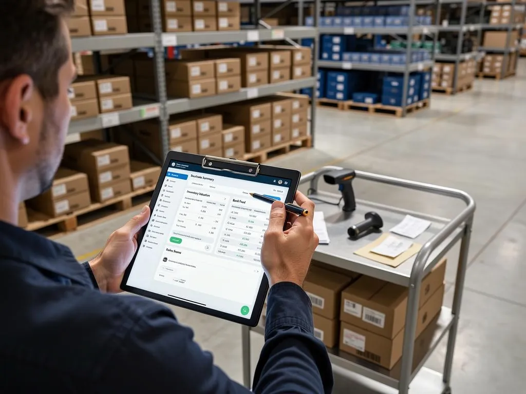 Warehouse shelves being counted during a year-end inventory check