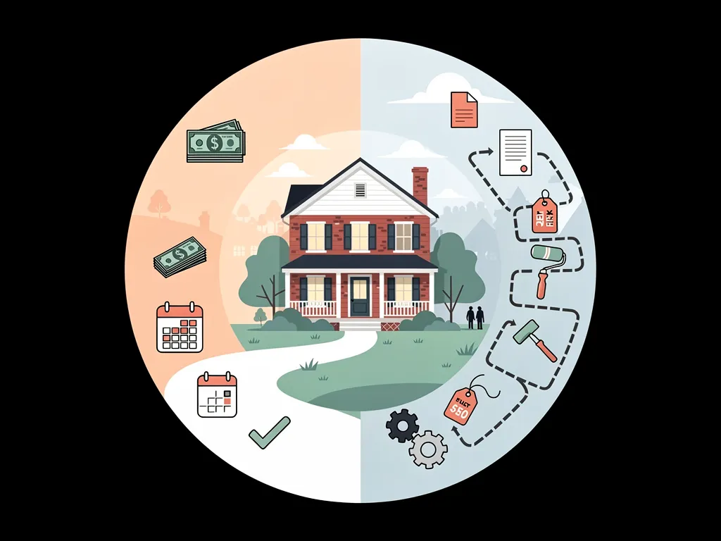 Historic home exterior with cash buyer and iBuyer signage contrast