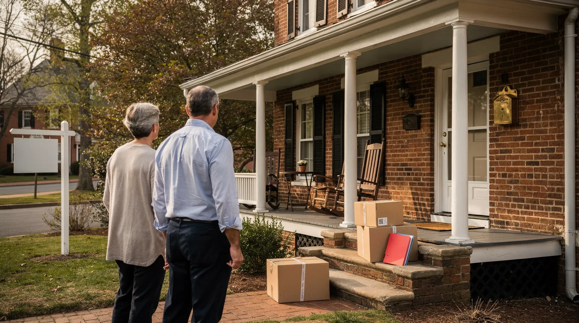 Family reviewing moving boxes while selling an inherited historic home