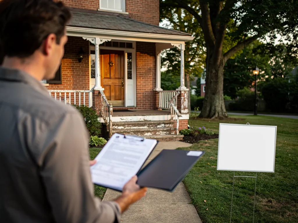 Homeowner reviewing foreclosure notice beside historic house
