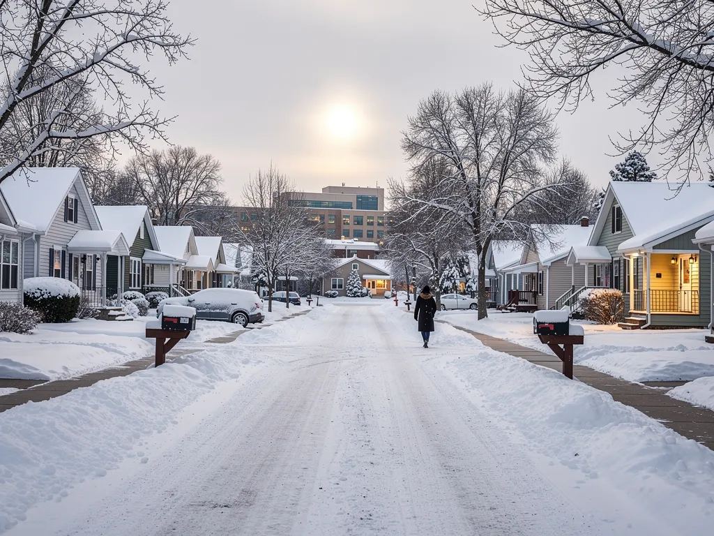 Snow covered Rochester MN neighborhood near Mayo Clinic in winter
