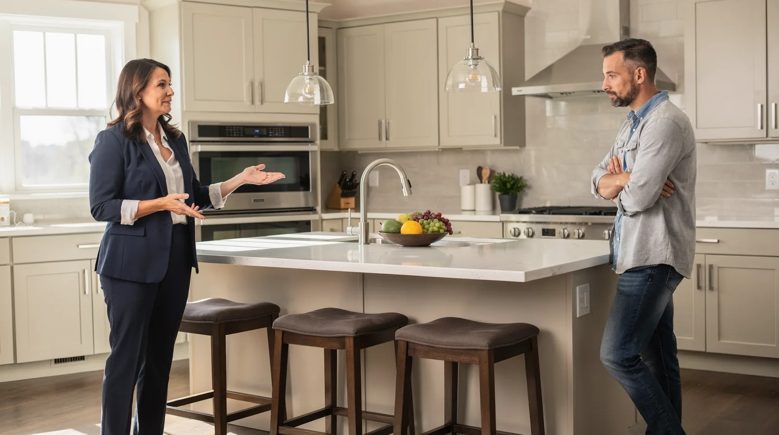 Real estate agent walking through a kitchen with a homeowner before listing in Rochester MN
