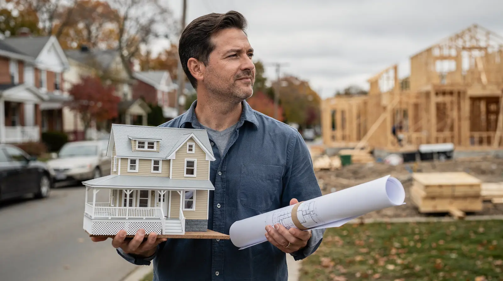 Buyer holding a model home and building plans on a lot near Rochester MN