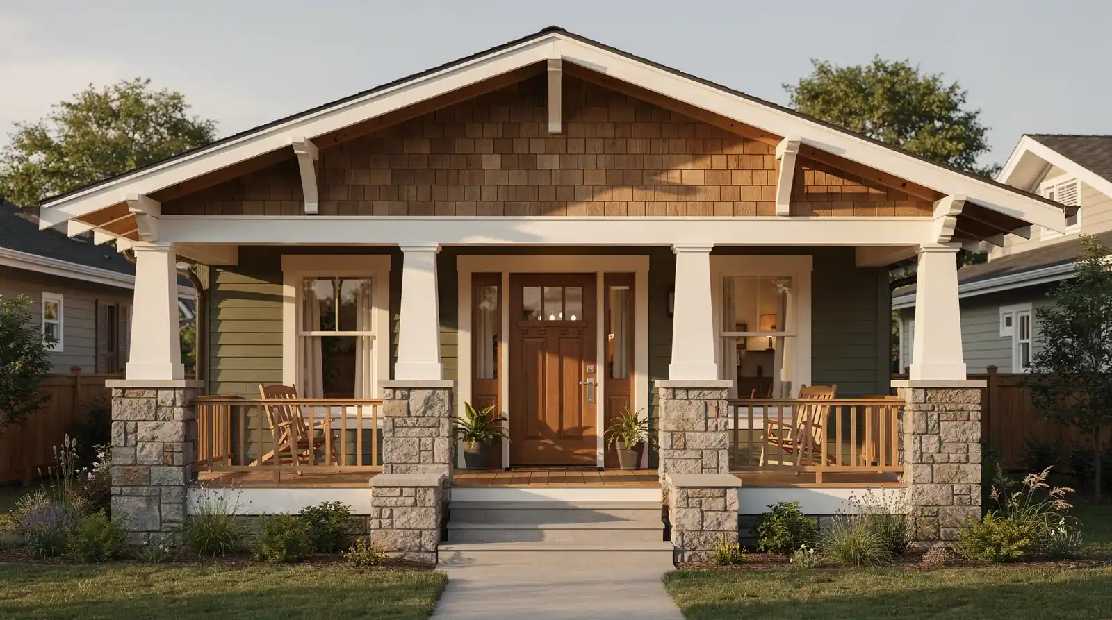 Front porch and tapered columns on a North Park craftsman home