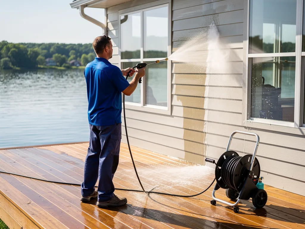Technician in blue shirt using soft wash equipment to clean a lake home exterior