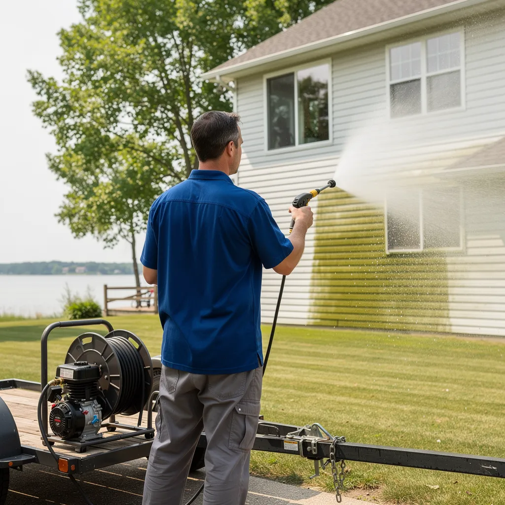 Technician in blue shirt soft washing lake home siding with low-pressure equipment