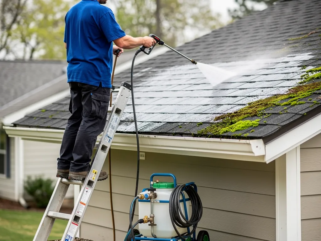 Technician in blue shirt soft washing a roof using proper low-pressure equipment