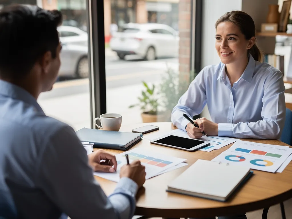 Small business owner reviewing improved loan terms and approval paperwork
