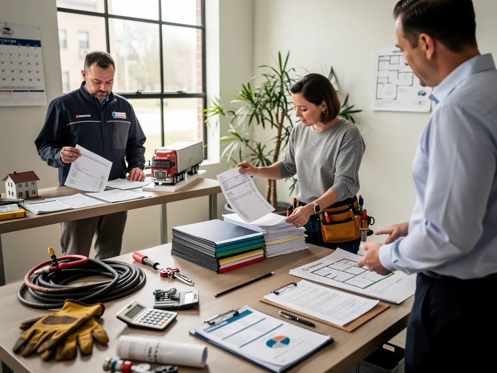 Contractor and advisor reviewing financial documents and vendor tradelines together