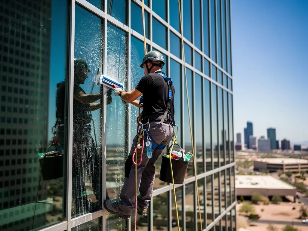 uniformed technician with commercial window cleaning equipment on a high-rise facade