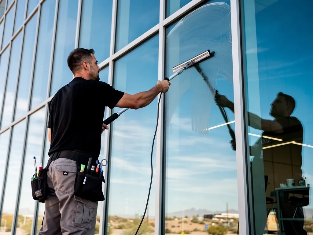 uniformed technician using commercial window cleaning equipment on office glass