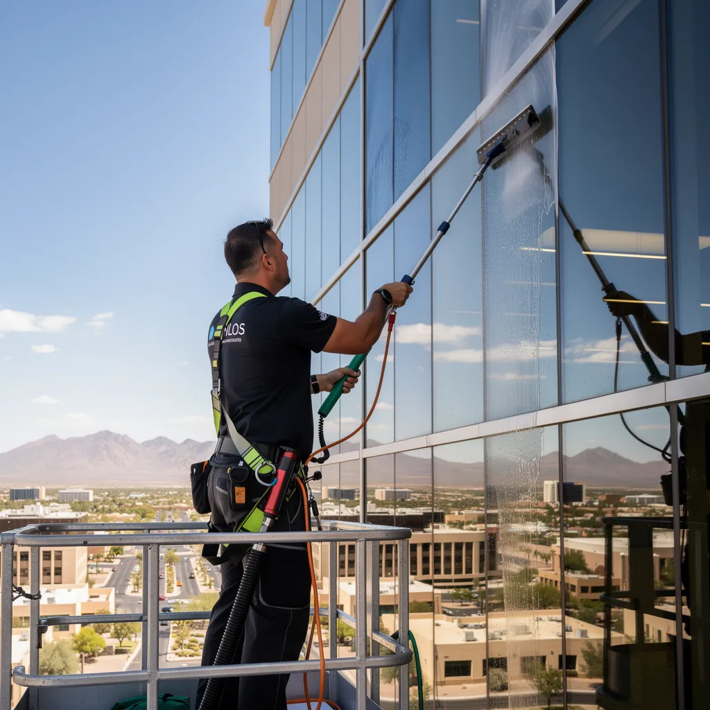 Technician in black uniform inspecting glass for streaks after cleaning