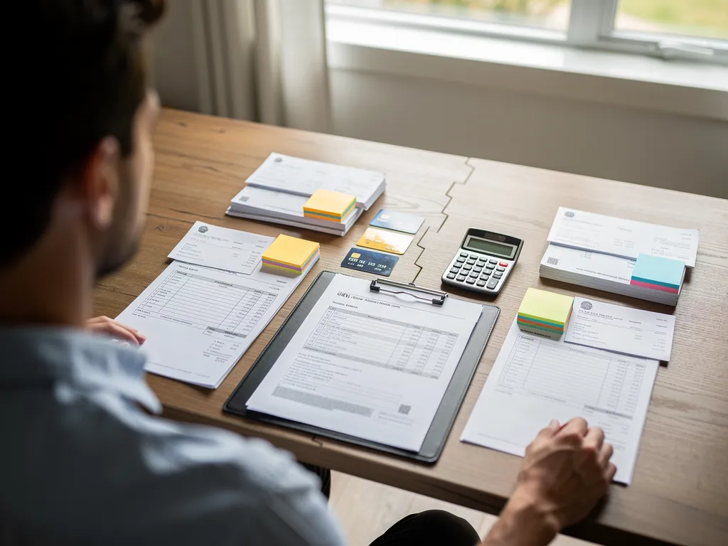 Frustrated entrepreneur reviewing denied loan paperwork at office desk