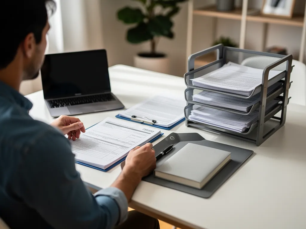 Entrepreneur organizing paperwork to establish a business credit profile