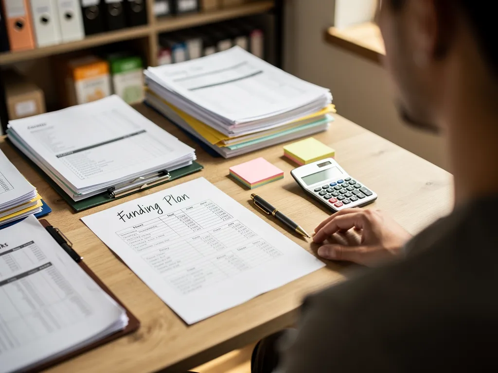 Business owner organizing financial records and a funding checklist before a meeting