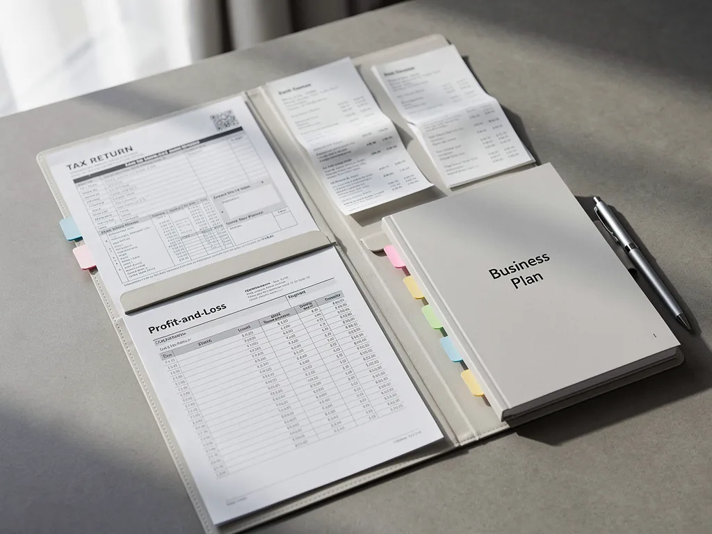 Checklist icons for tax returns, bank statements, and a business plan