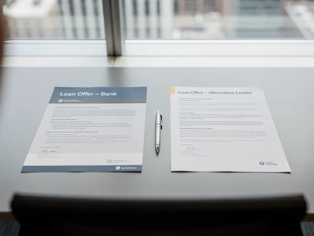 Side-by-side bank and alternative lender icons representing differing underwriting criteria