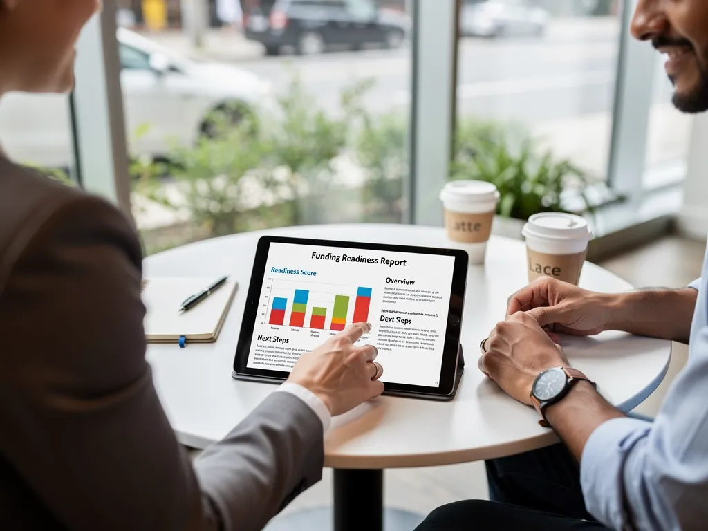 Business advisor and owner reviewing a funding readiness report together