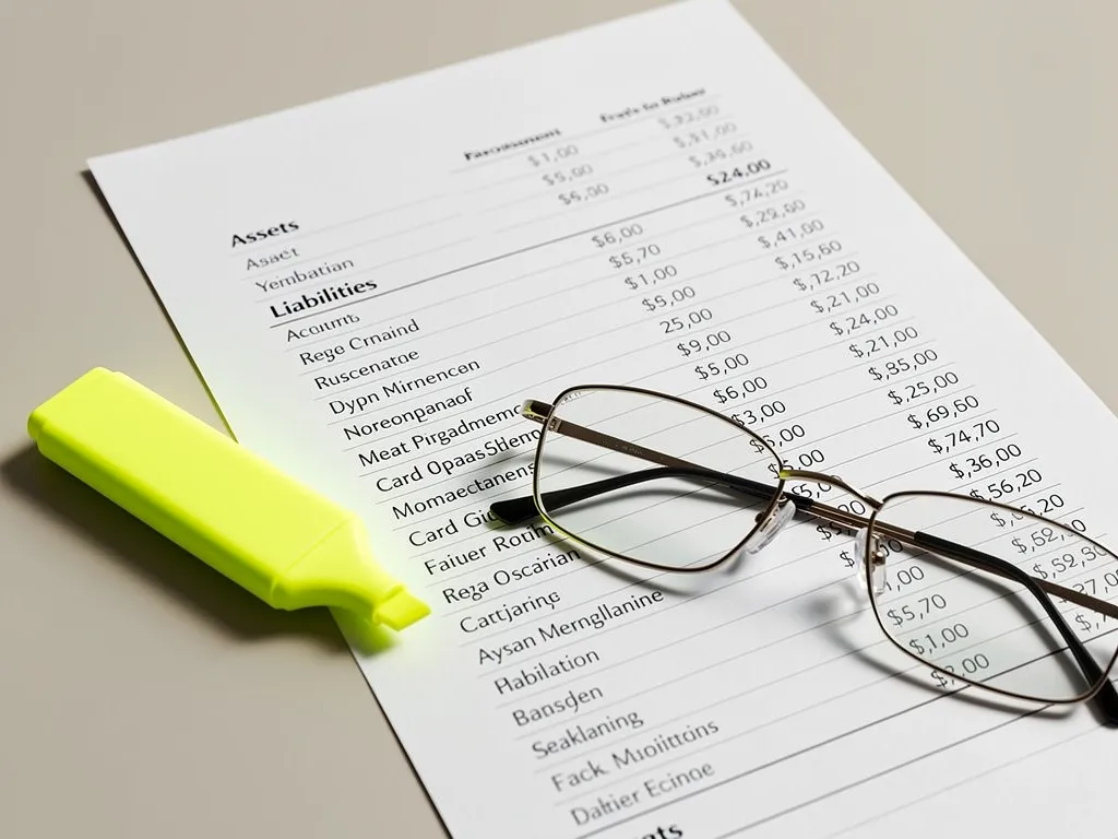Balance sheet document with assets and liabilities columns highlighted