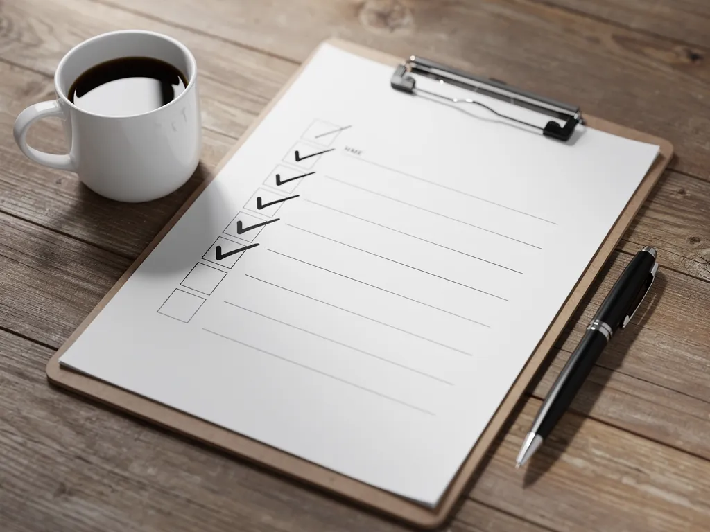 Checklist on a clipboard with several items marked complete