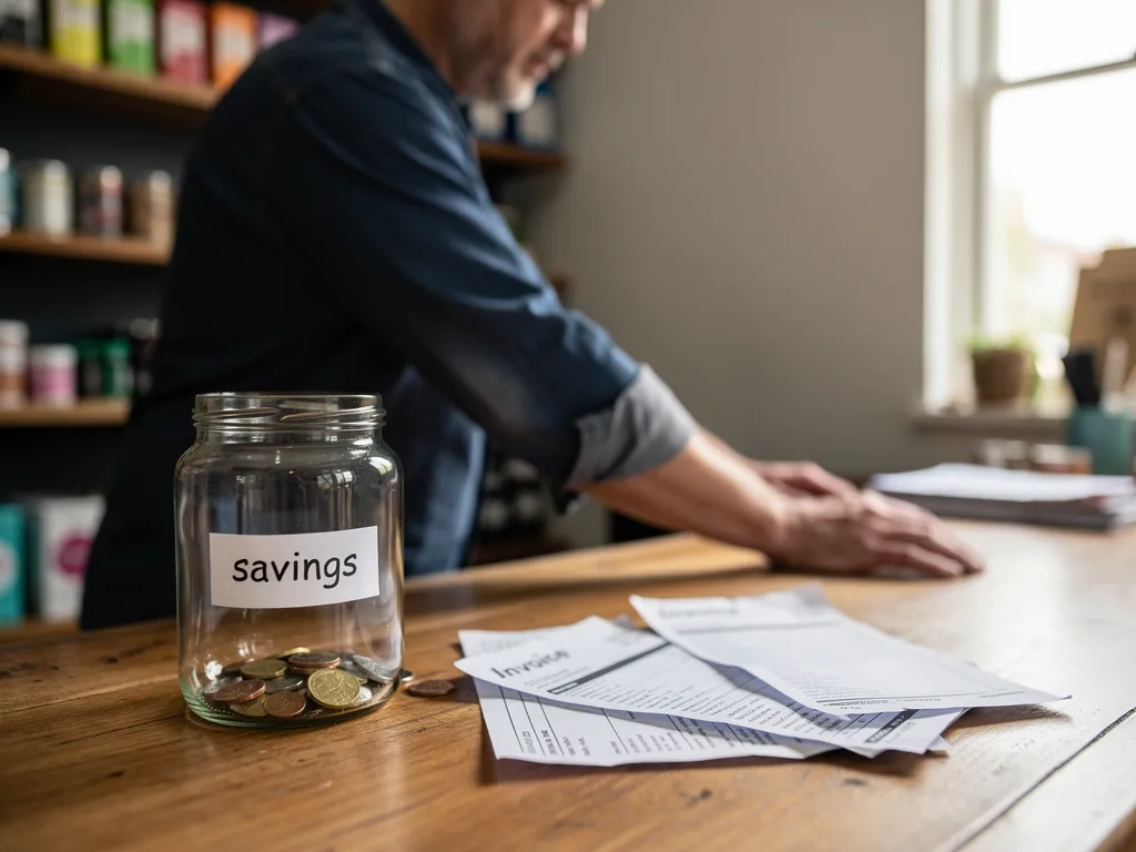 Worried business owner looking at an empty cash reserve jar