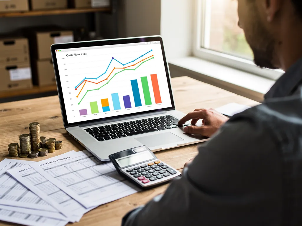 Laptop screen displaying a cash flow chart beside a calculator and coins