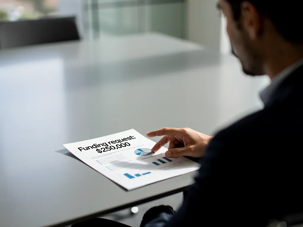 Founder presenting a one-page funding summary to a lender
