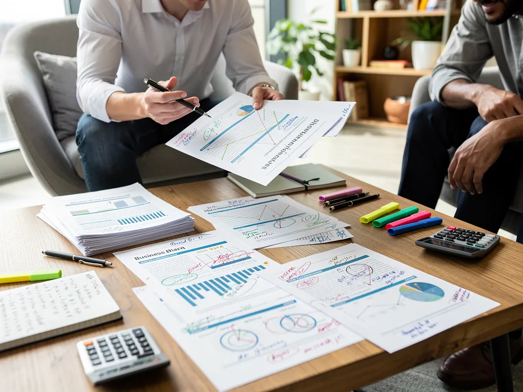 Advisor and small business owner reviewing a marked-up business plan