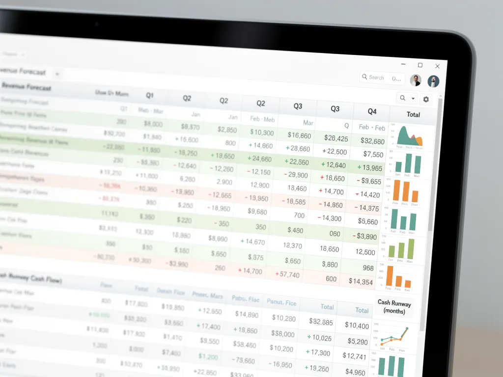 Financial projections spreadsheet with revenue and cash flow charts