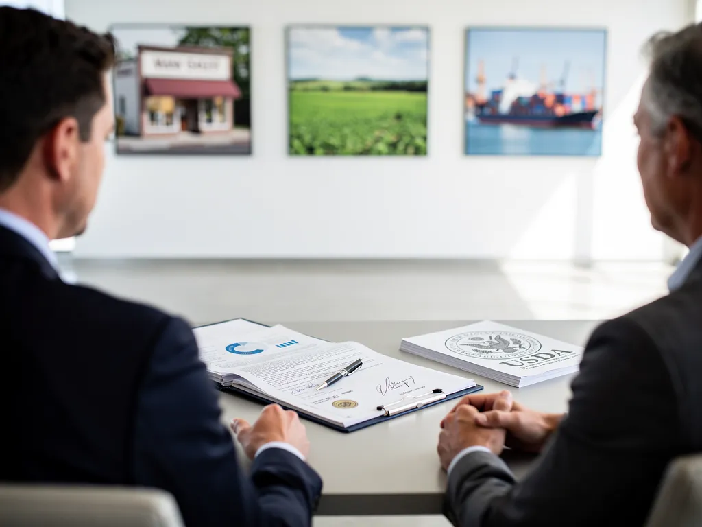 Small business owner reviewing government-backed loan paperwork with a lender