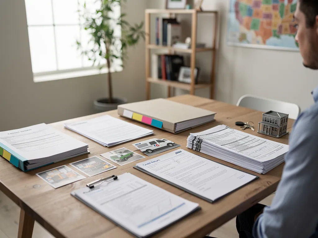 Business owner organizing tax returns and financial documents for a loan application