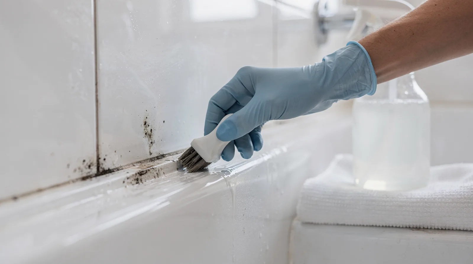 Close-up of mold stains being scrubbed from shower grout and silicone seal