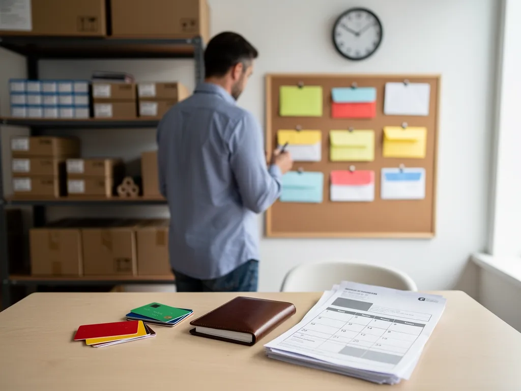 Business owner sorting loan, credit card, and trade line statements into folders